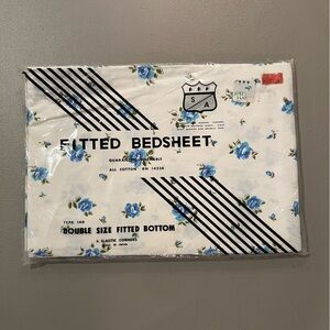 Rare Vintage Blue Rose Fitted Sheet Double Cotton Cottagecore Fabric NOS Sewing